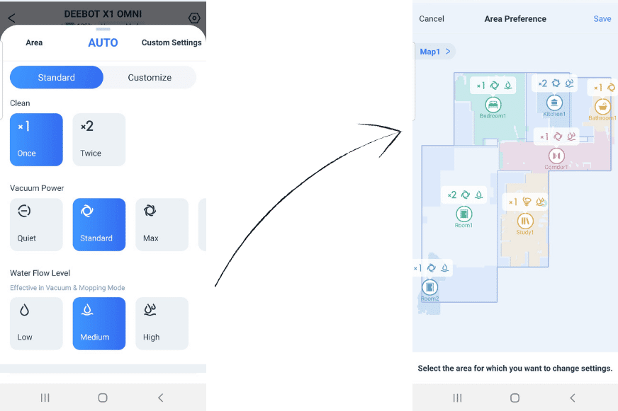Water flow level is set in the Ecovacs Home App.